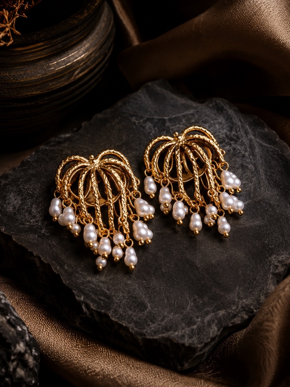 Gold Hoop Earrings with White Pearl Drops - Picture 2 of 8